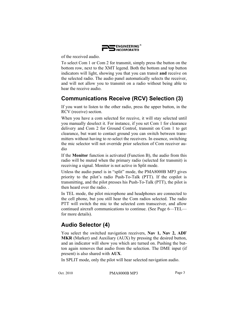 Communications receive (rcv) selection (3), Audio selector (4) | PS Engineering PMA8000MP3 Pilot’s Guide User Manual | Page 3 / 24