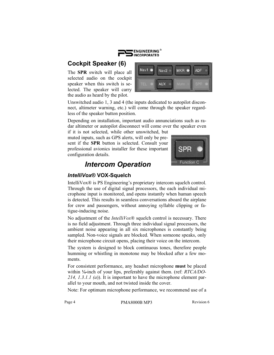 Intercom operation, Cockpit speaker (6) | PS Engineering PMA8000MP3 Pilot’s Guide User Manual | Page 4 / 24