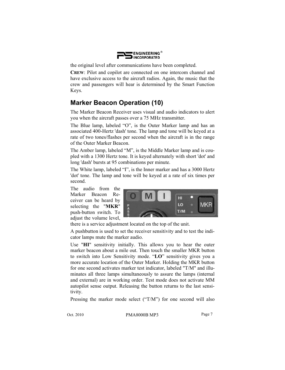 Marker beacon operation (10) | PS Engineering PMA8000MP3 Pilot’s Guide User Manual | Page 7 / 24