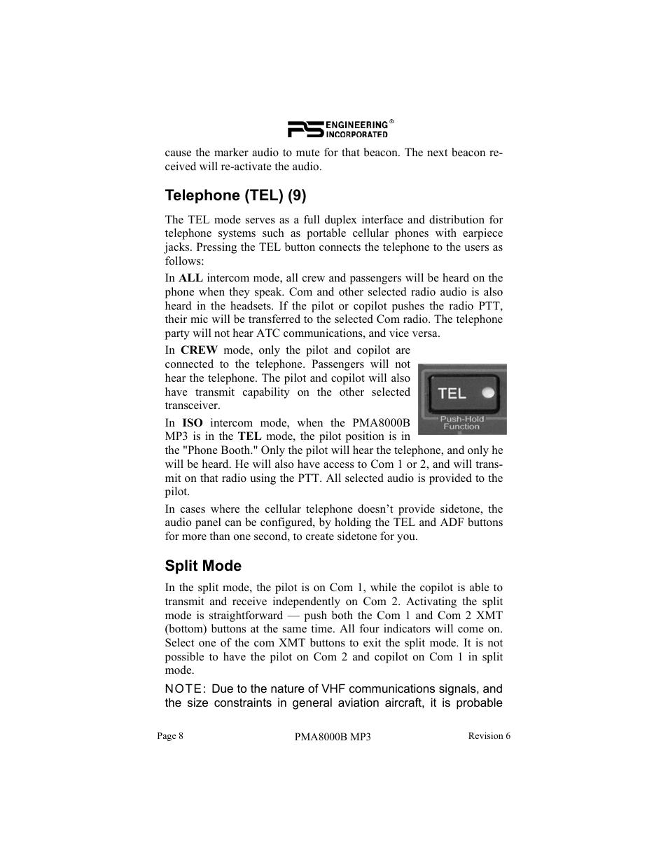 Telephone (tel) (9), Split mode | PS Engineering PMA8000MP3 Pilot’s Guide User Manual | Page 8 / 24