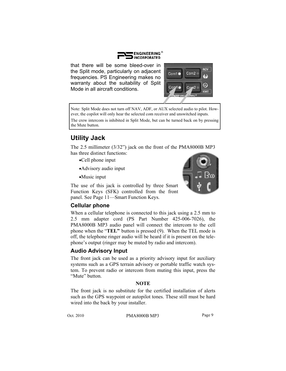 Utility jack | PS Engineering PMA8000MP3 Pilot’s Guide User Manual | Page 9 / 24