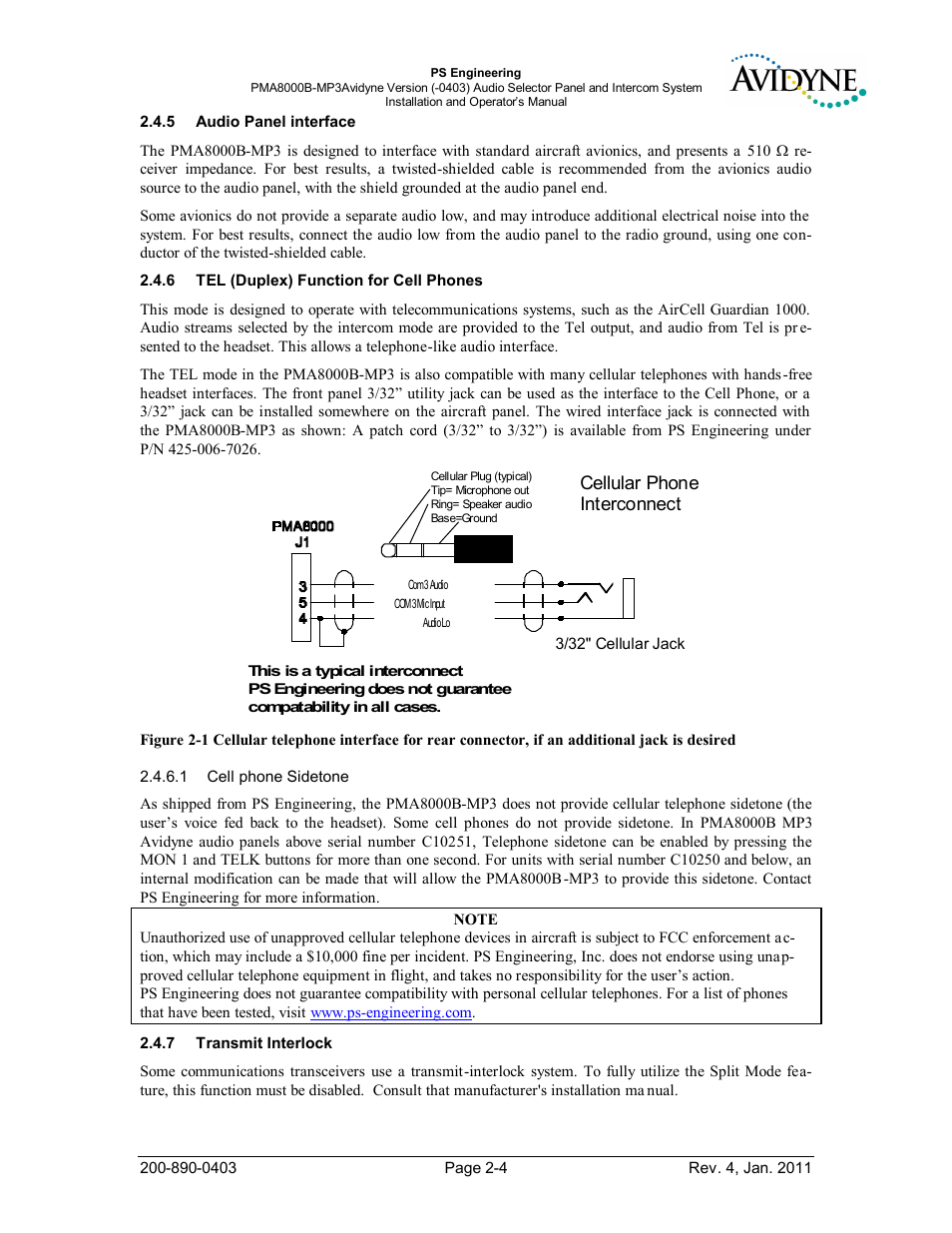 Audio panel interface, Tel (duplex) function for cell phones, Transmit interlock | Udio, Anel interface, Uplex, Unction for, Hones, Ransmit, Nterlock | PS Engineering PMA8000MP3-Avidyne User Manual | Page 11 / 41