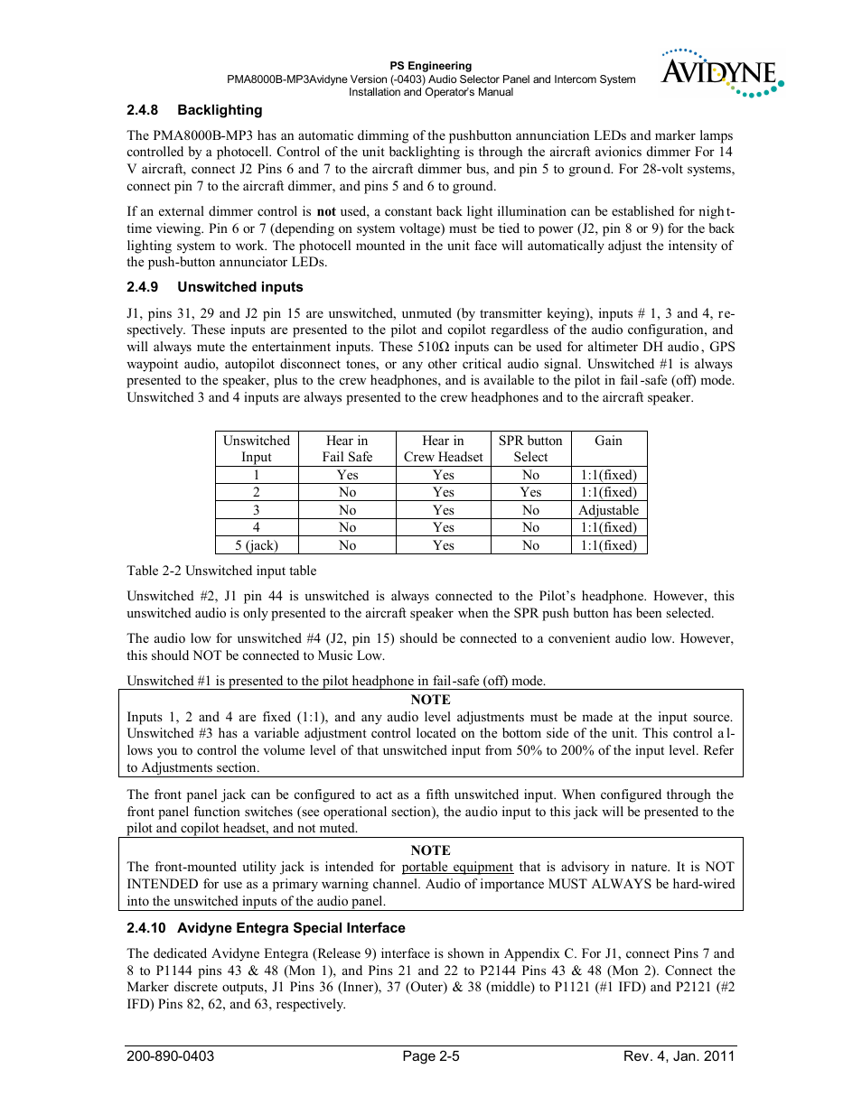 Backlighting, Unswitched inputs, Avidyne entegra special interface | Acklighting, Nswitched inputs, Vidyne, Ntegra, Pecial, Nterface | PS Engineering PMA8000MP3-Avidyne User Manual | Page 12 / 41