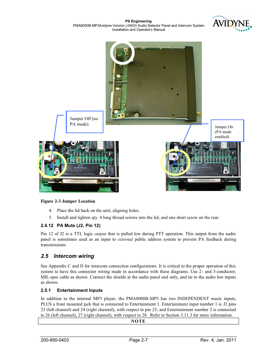 Pa mute (j2, pin 12), Intercom wiring, Entertainment inputs | Ntercom wiring, Ntertainment, Nputs | PS Engineering PMA8000MP3-Avidyne User Manual | Page 14 / 41