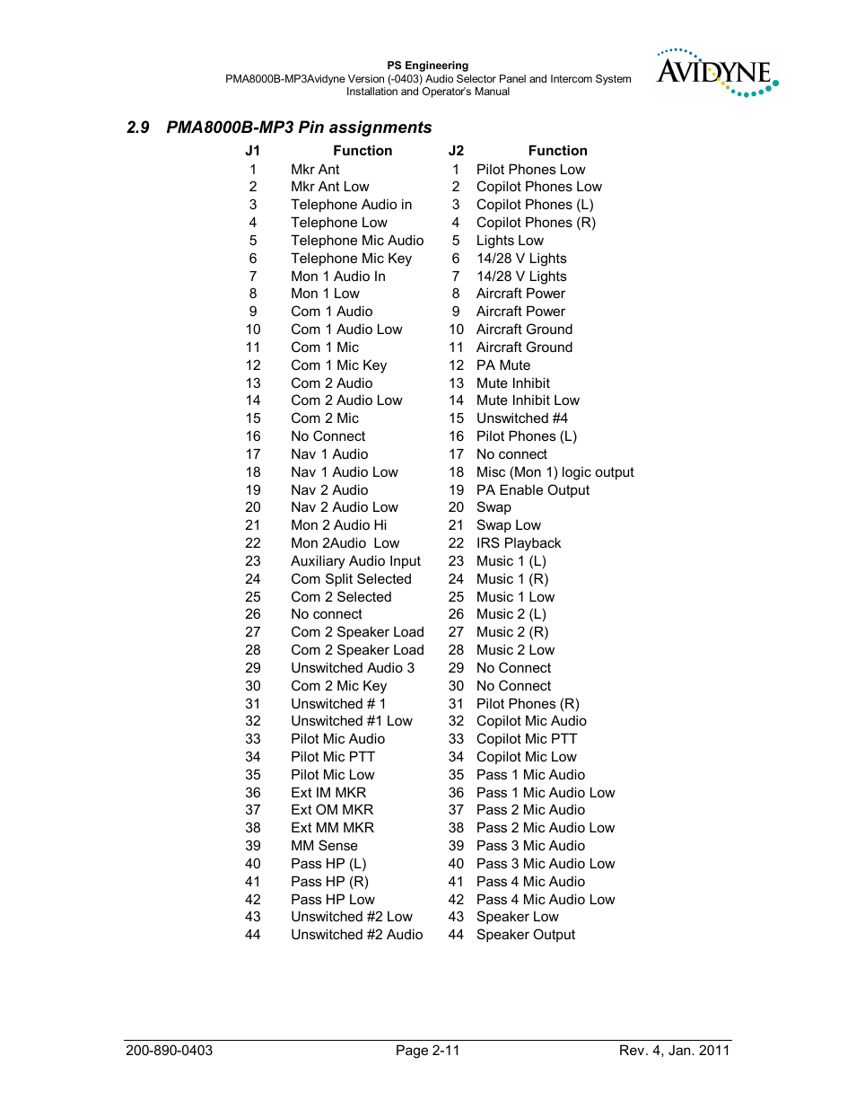 Pma8000b-mp3 pin assignments, Pma8000b-mp3, In assignments | PS Engineering PMA8000MP3-Avidyne User Manual | Page 18 / 41