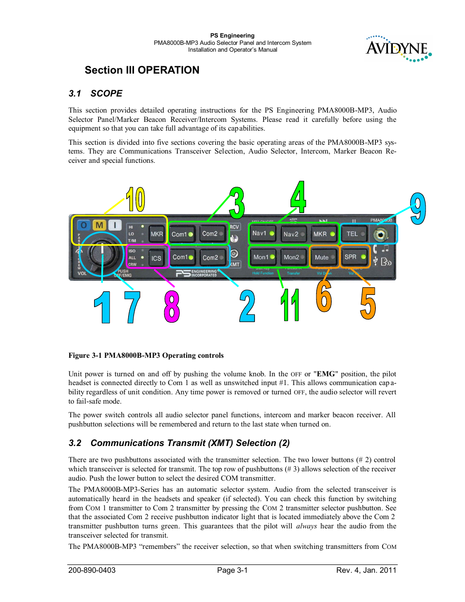 Section iii operation, Scope, Communications transmit (xmt) selection (2) | Section iii operation -1, Scope -1, Ommunications, Ransmit, Xmt), Election | PS Engineering PMA8000MP3-Avidyne User Manual | Page 22 / 41