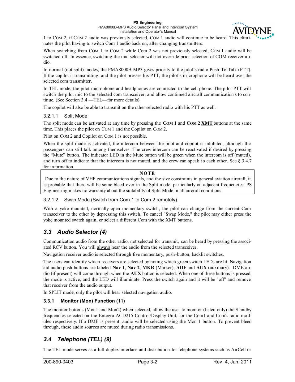 Audio selector (4), Monitor (mon) function (11), Telephone (tel) (9) | Udio, Elector, Onitor, Unction, Elephone, Tel), 3 audio selector (4) | PS Engineering PMA8000MP3-Avidyne User Manual | Page 23 / 41