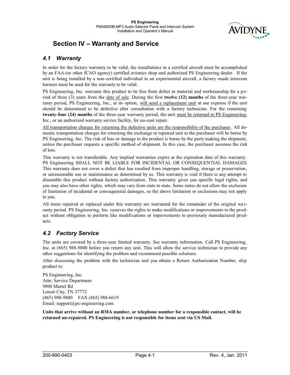 Section iv – warranty and service, Warranty, Factory service | Section iv – warranty and service -1, Arranty, Actory, Ervice | PS Engineering PMA8000MP3-Avidyne User Manual | Page 35 / 41