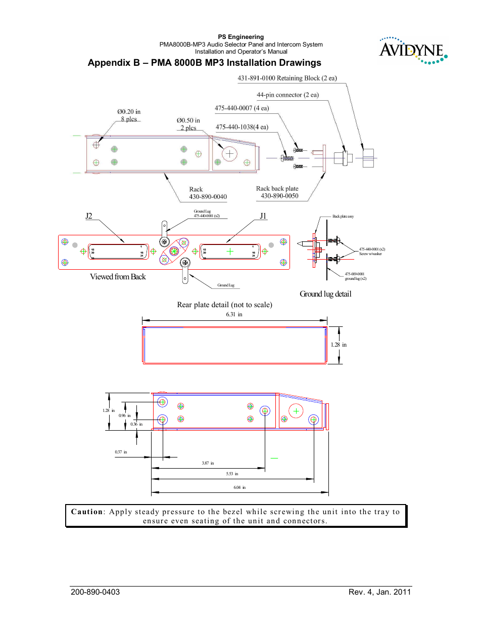 Appendix b – pma 8000b mp3 installation drawings, J2 j1 viewed from back, Ground lug detail | PS Engineering PMA8000MP3-Avidyne User Manual | Page 37 / 41