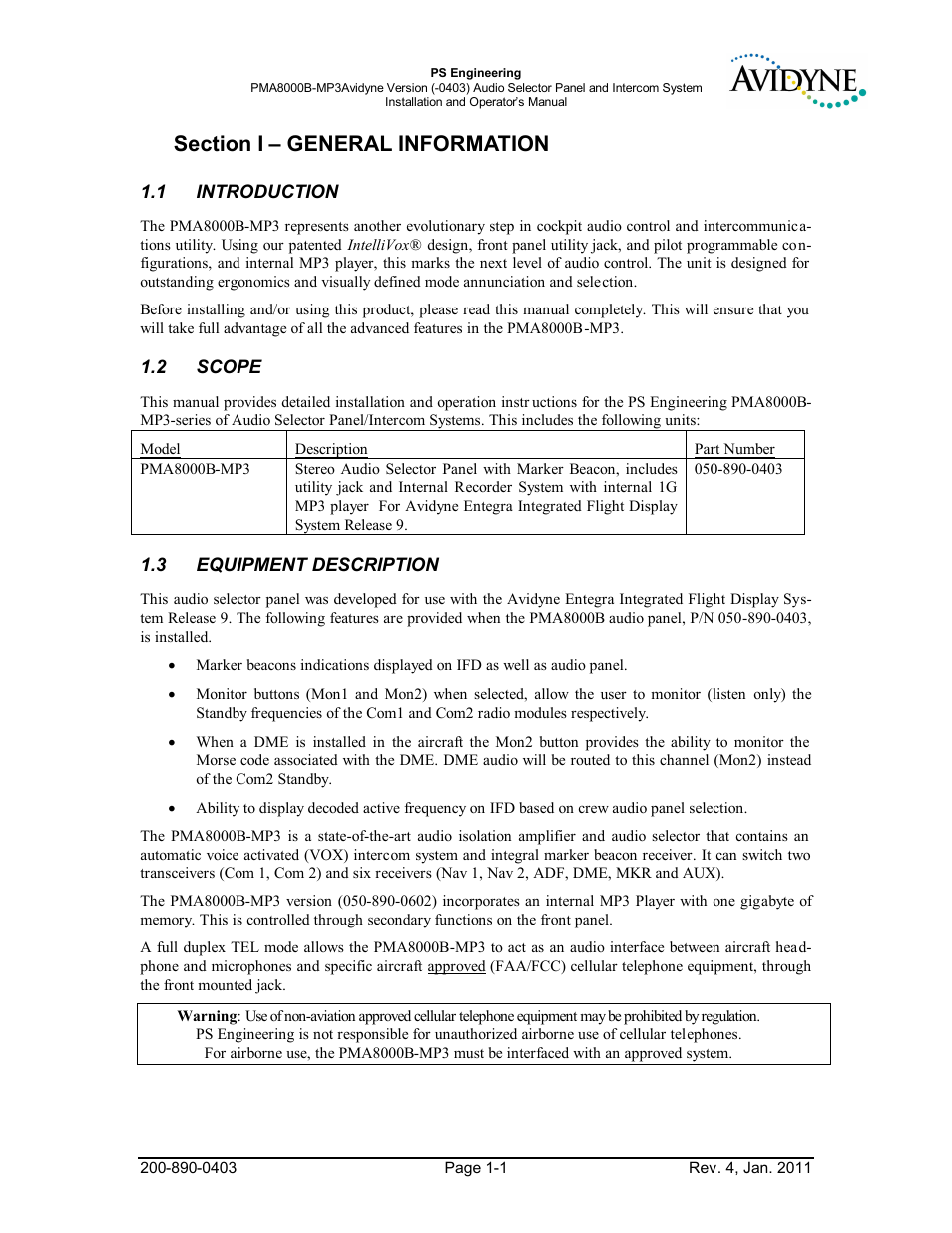 Section i – general information, 1introduction, 2scope | 3equipment description, Section i – general information -1, Introduction -1, Scope -1, Equipment, Description -1 | PS Engineering PMA8000MP3-Avidyne User Manual | Page 4 / 41