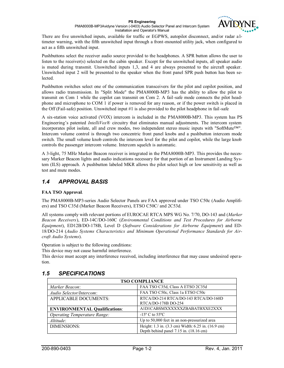 Approval basis, 5specifications, Approval | Basis -2, Specifications -2 | PS Engineering PMA8000MP3-Avidyne User Manual | Page 5 / 41