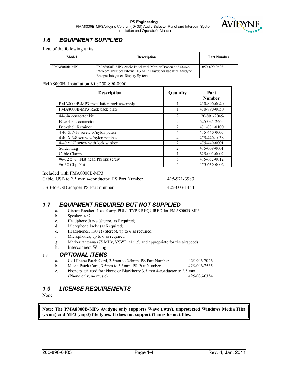 6equipment supplied, 7equipment required but not supplied, Optional items | License requirements, Equipment, Supplied -4, Required, Optional, Items -4, License | PS Engineering PMA8000MP3-Avidyne User Manual | Page 7 / 41