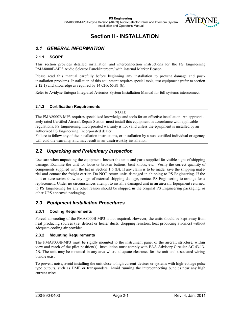 Section ii - installation, General information, Scope | Certification requirements, Unpacking and preliminary inspection, Equipment installation procedures, Cooling requirements, Mounting requirements, Section ii - installation -1, General | PS Engineering PMA8000MP3-Avidyne User Manual | Page 8 / 41