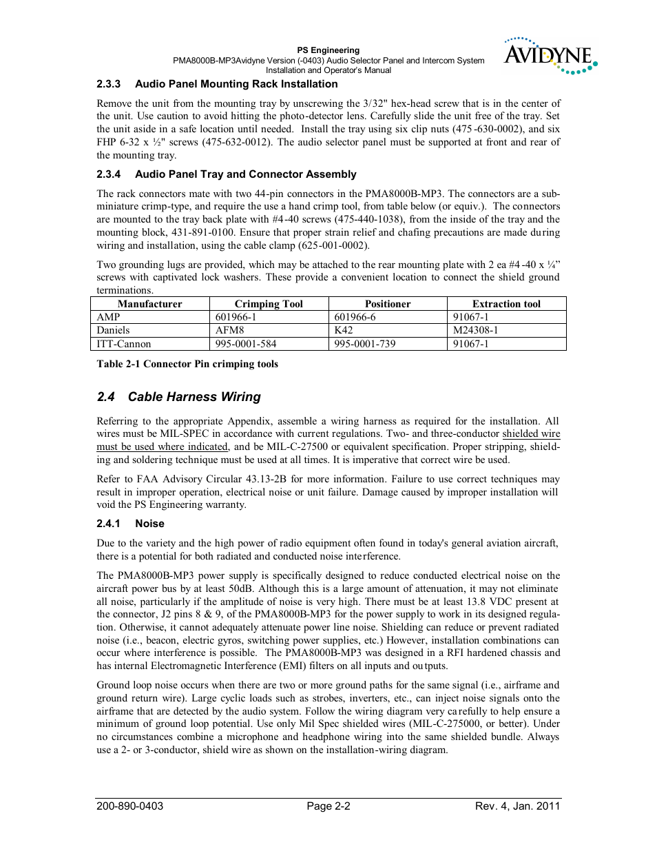Audio panel mounting rack installation, Audio panel tray and connector assembly, Cable harness wiring | Noise, Udio, Anel, Ounting, Nstallation, Ray and, Onnector | PS Engineering PMA8000MP3-Avidyne User Manual | Page 9 / 41