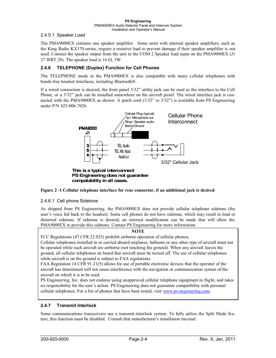 Telephone (duplex) function for cell phones, Transmit interlock, Telephone | Uplex, Unction for, Hones, Ransmit, Nterlock | PS Engineering PMA9000EX Installation Manual User Manual | Page 11 / 39