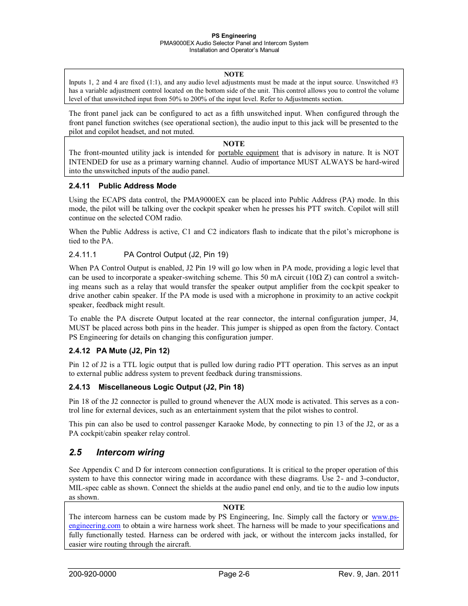 Public address mode, Pa mute (j2, pin 12), Miscellaneous logic output (j2, pin 18) | Intercom wiring, Ublic, Ddress, Iscellaneous, Ogic, Utput, Ntercom wiring | PS Engineering PMA9000EX Installation Manual User Manual | Page 13 / 39