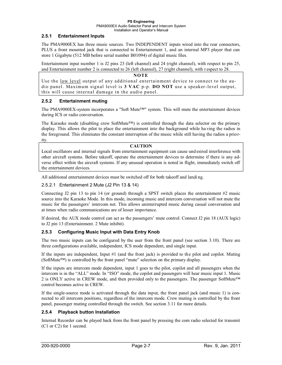 Entertainment inputs, Entertainment muting, Configuring music input with data entry knob | Playback button installation, Ntertainment, Nputs, Ntertainment muting, Onfiguring, Usic, Nput with | PS Engineering PMA9000EX Installation Manual User Manual | Page 14 / 39