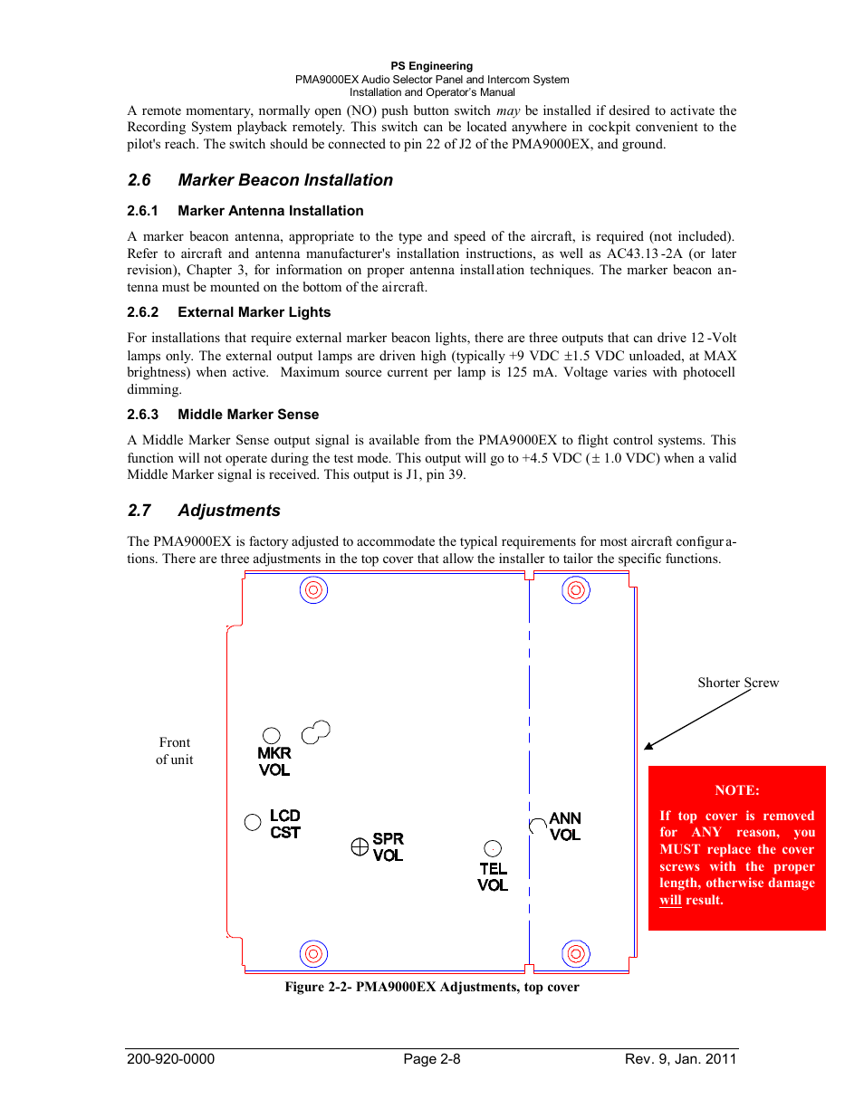 Marker beacon installation, Marker antenna installation, External marker lights | Middle marker sense, Adjustments, Arker, Eacon, Nstallation, Ntenna, Xternal | PS Engineering PMA9000EX Installation Manual User Manual | Page 15 / 39