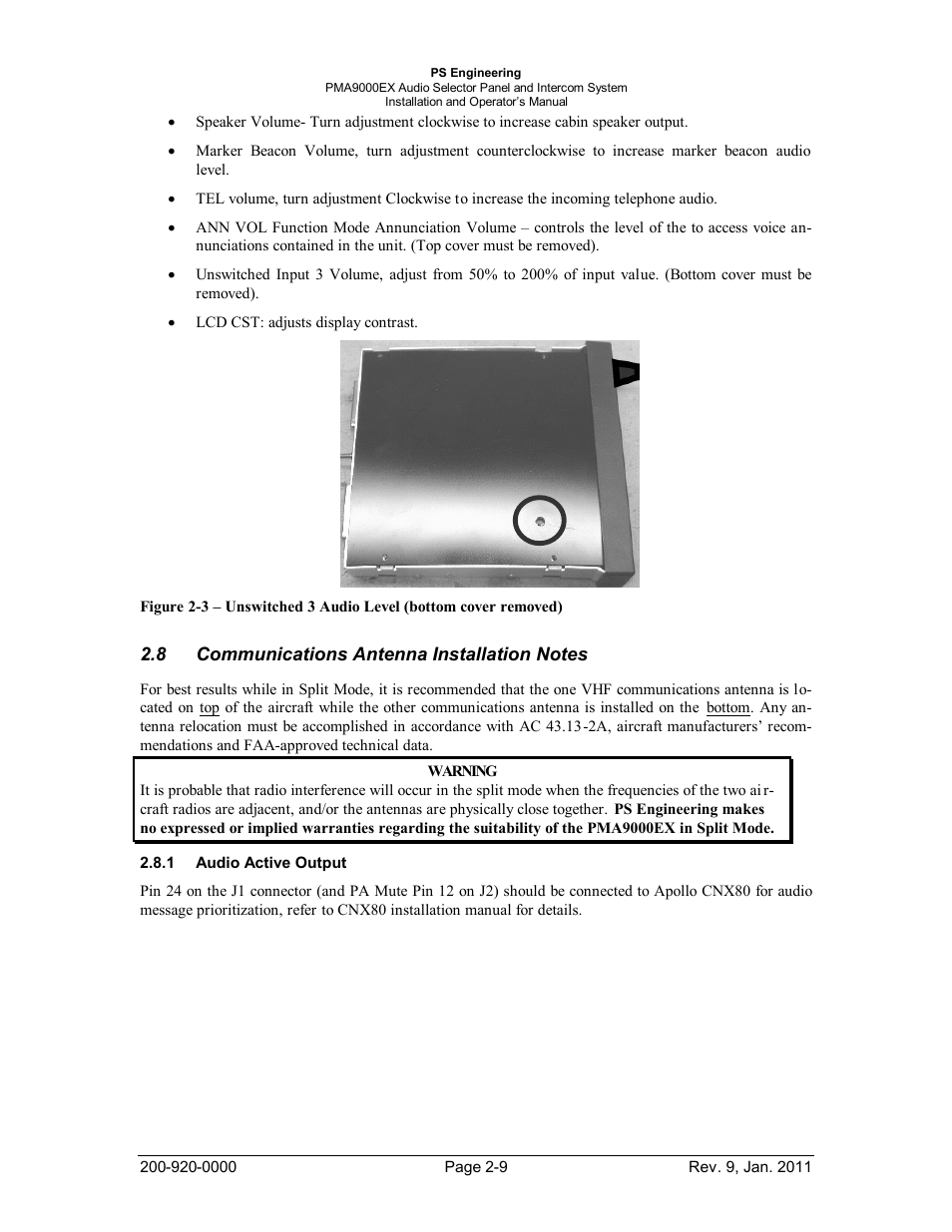 Communications antenna installation notes, Audio active output, Ommunications | Ntenna, Nstallation, Otes, Udio, Ctive, Utput | PS Engineering PMA9000EX Installation Manual User Manual | Page 16 / 39