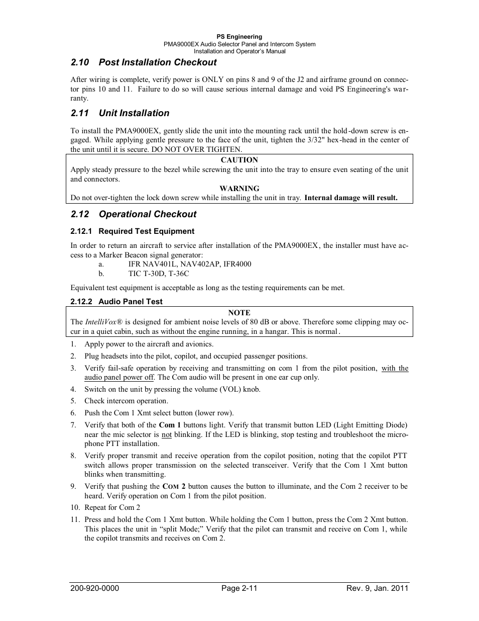 Post installation checkout, Unit installation, Operational checkout | Required test equipment, Audio panel test, Nstallation, Heckout, Perational, Equired, Quipment | PS Engineering PMA9000EX Installation Manual User Manual | Page 18 / 39