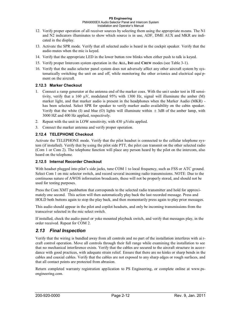 Marker checkout, Telephone checkout, Internal recorder checkout | Final inspection, Arker, Heckout, Telephone, Nternal, Ecorder, Inal | PS Engineering PMA9000EX Installation Manual User Manual | Page 19 / 39