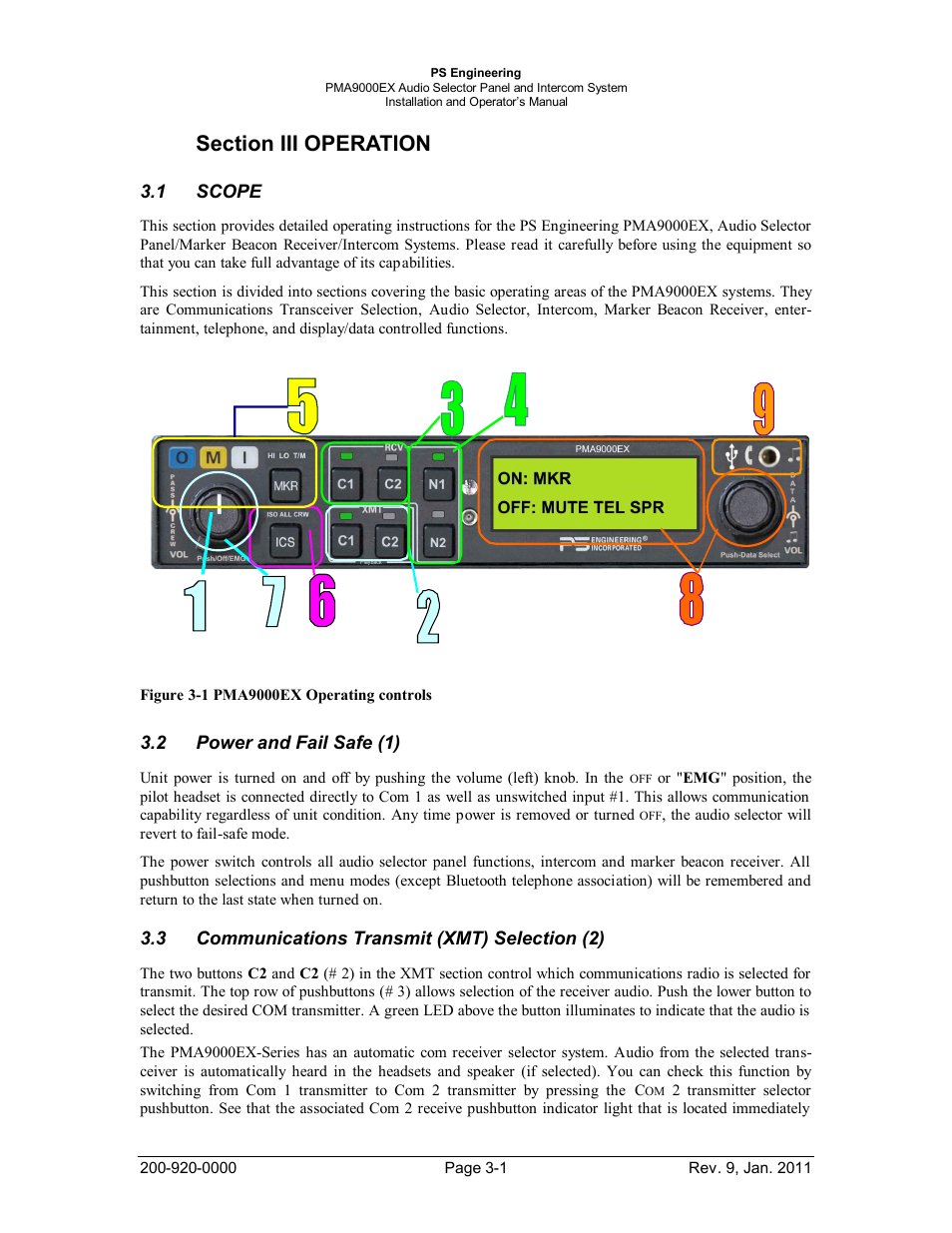Section iii operation, Scope, Power and fail safe (1) | Communications transmit (xmt) selection (2), Section iii operation -1, Scope -1, Ower and, Ommunications, Ransmit, Xmt) | PS Engineering PMA9000EX Installation Manual User Manual | Page 20 / 39