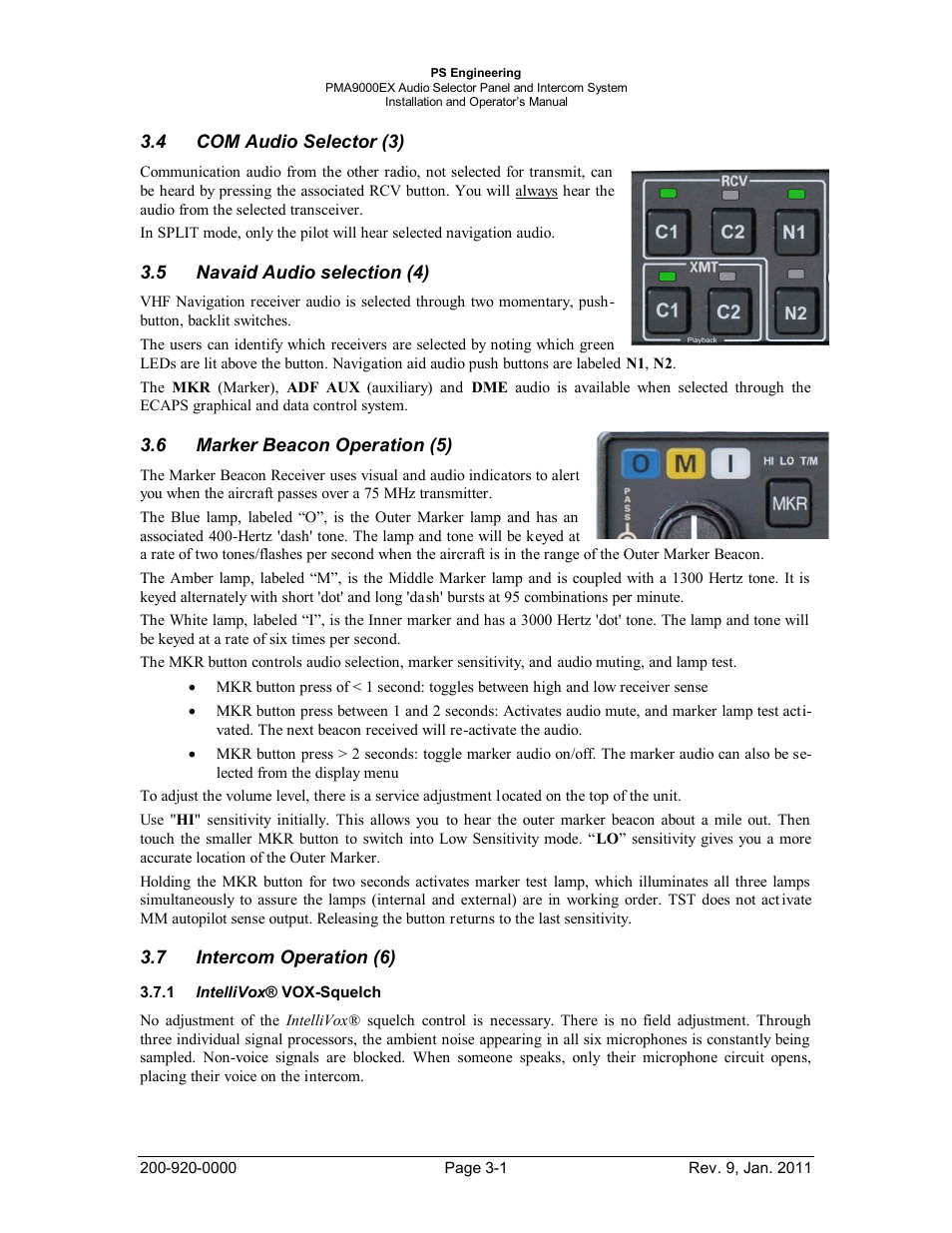 Com audio selector (3), Navaid audio selection (4), Marker beacon operation (5) | Intercom operation (6), Intellivox® vox-squelch, Udio, Elector, Avaid, Udio selection, Arker | PS Engineering PMA9000EX Installation Manual User Manual | Page 22 / 39