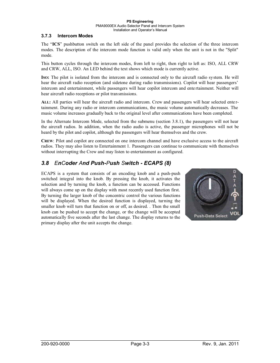 Intercom modes, Encoder and push-push switch - ecaps (8), Ntercom | Odes, Oder, Witch, Ecaps, 8 e n c oder a nd push- p ush s witch - ecaps (8) | PS Engineering PMA9000EX Installation Manual User Manual | Page 24 / 39