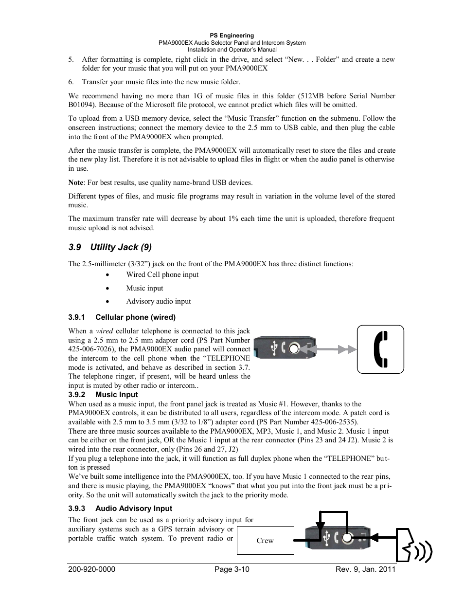 Utility jack (9), Cellular phone (wired), Music input | Audio advisory input, Tility, Ellular phone, Wired, Usic, Nput, Udio | PS Engineering PMA9000EX Installation Manual User Manual | Page 31 / 39