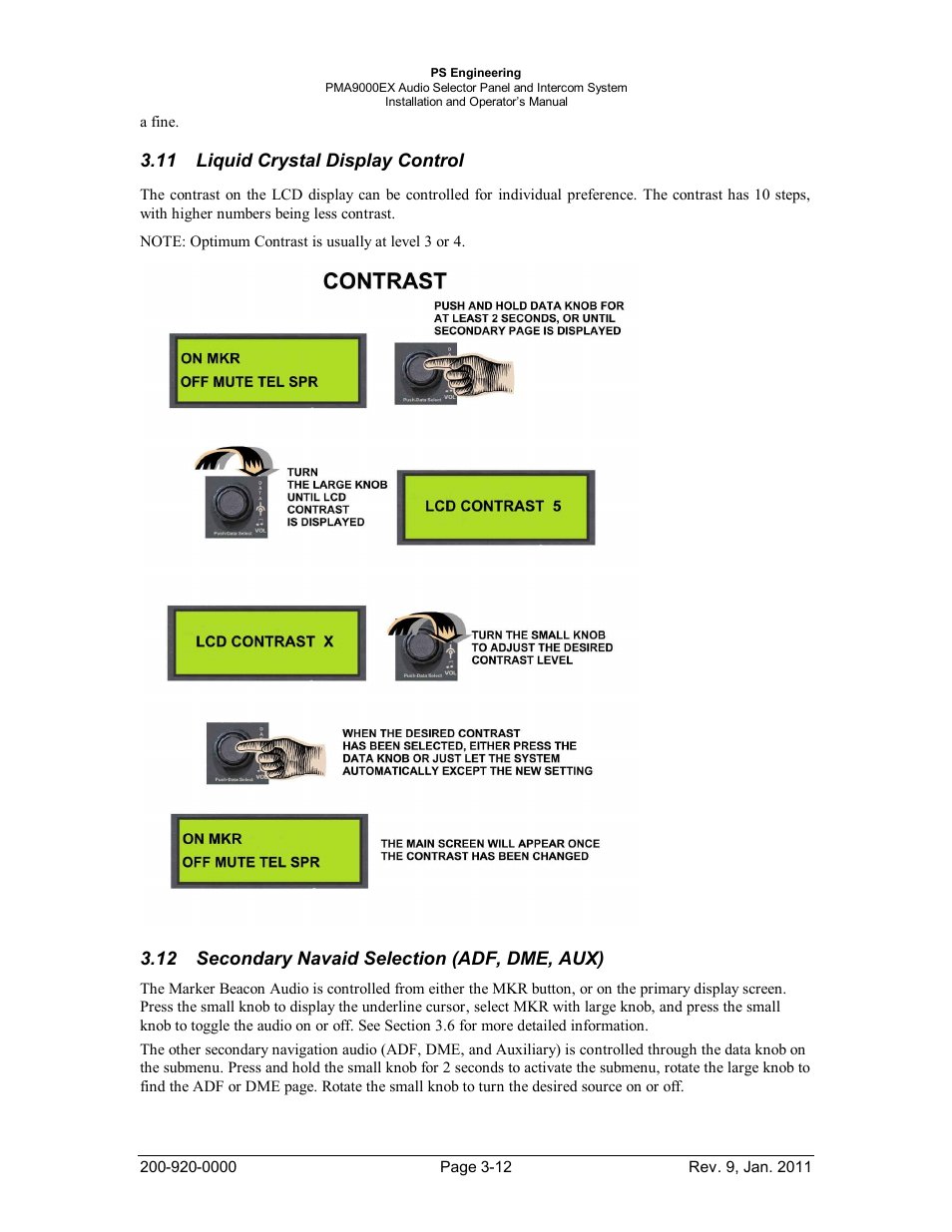Liquid crystal display control, Secondary navaid selection (adf, dme, aux), Iquid | Rystal, Isplay, Ontrol, Econdary, Avaid, Election, Aux) -12 | PS Engineering PMA9000EX Installation Manual User Manual | Page 33 / 39
