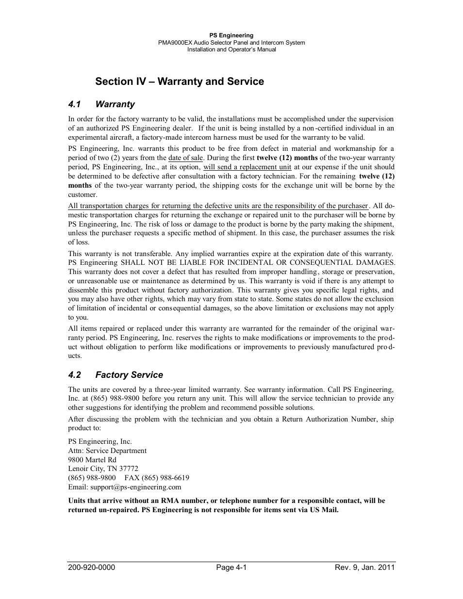 Section iv – warranty and service, Warranty, Factory service | Section iv – warranty and service -1, Arranty, Actory, Ervice | PS Engineering PMA9000EX Installation Manual User Manual | Page 35 / 39