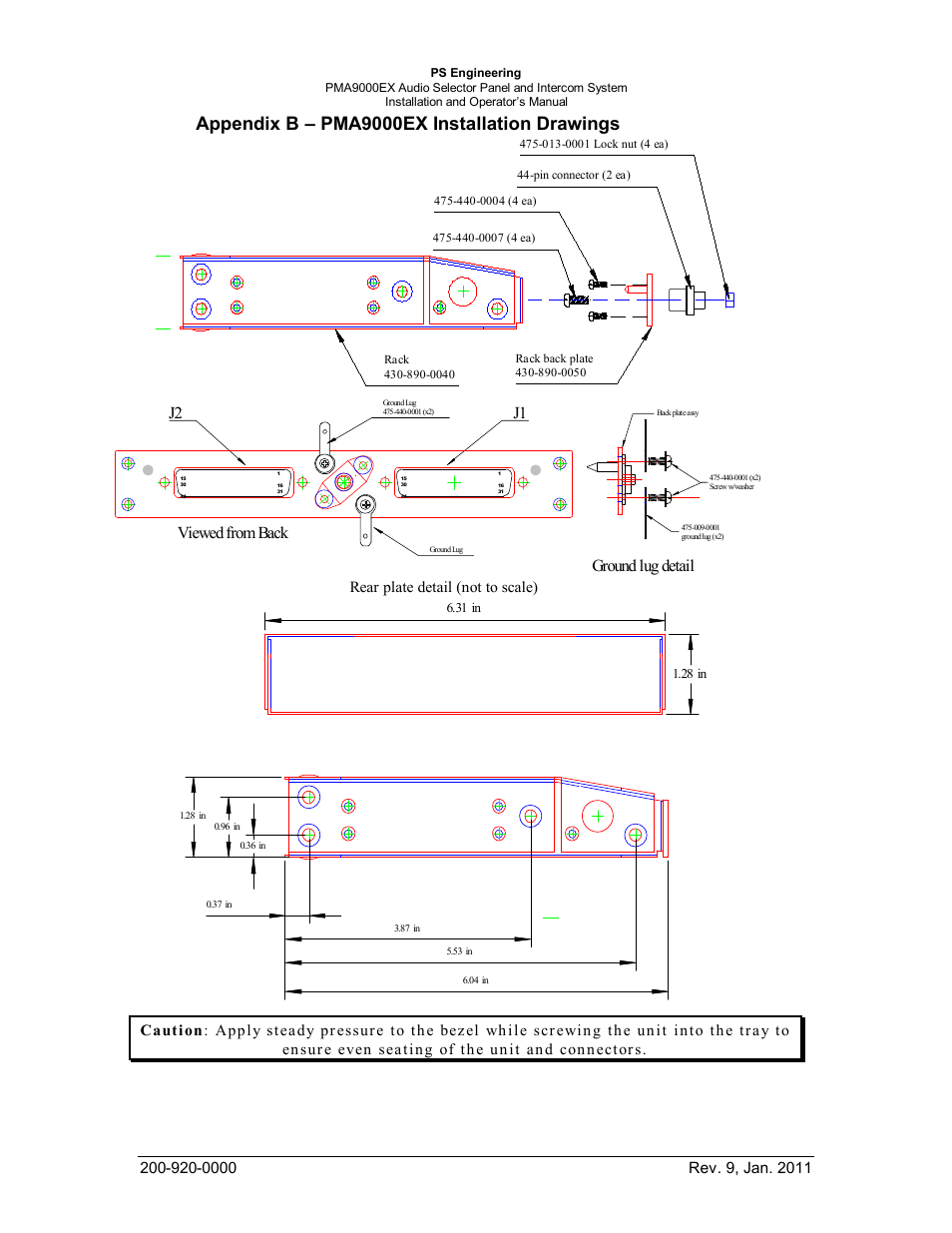 Appendix b – pma9000ex installation drawings, J2 j1 viewed from back, Ground lug detail | PS Engineering PMA9000EX Installation Manual User Manual | Page 37 / 39