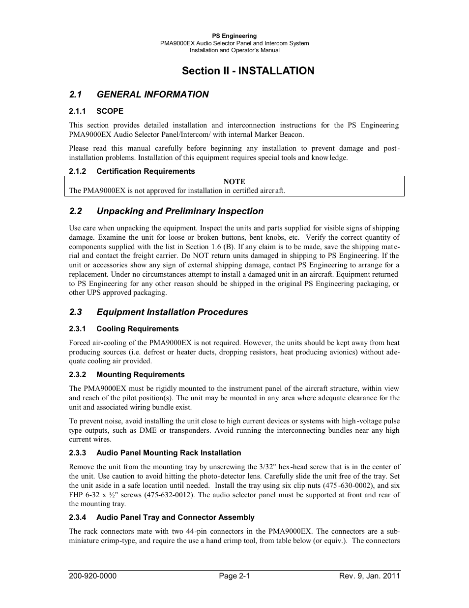 Section ii - installation, General information, Scope | Certification requirements, Unpacking and preliminary inspection, Equipment installation procedures, Cooling requirements, Mounting requirements, Audio panel mounting rack installation, Audio panel tray and connector assembly | PS Engineering PMA9000EX Installation Manual User Manual | Page 8 / 39