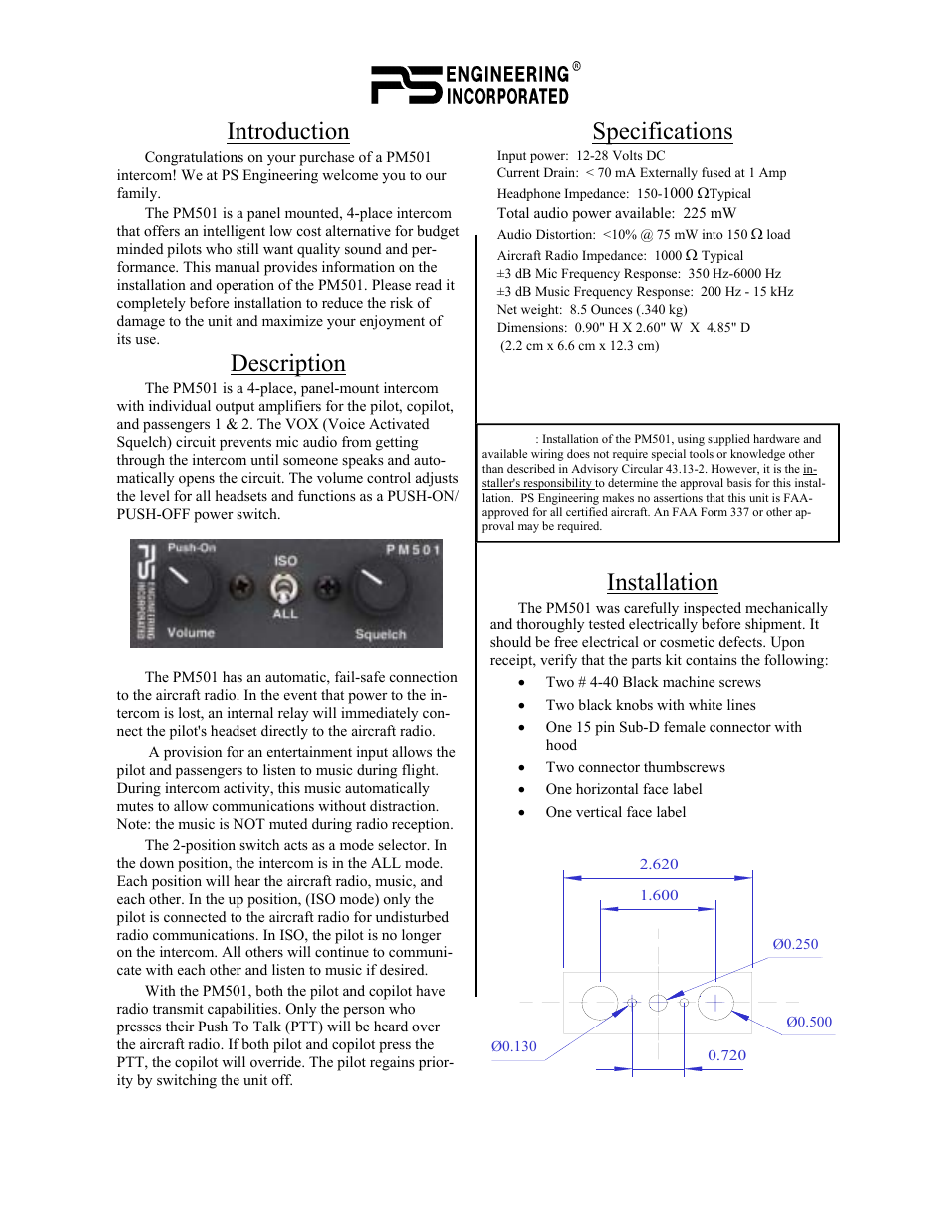 Introduction, Description, Specifications | Installation | PS Engineering PM501 User Manual | Page 2 / 6