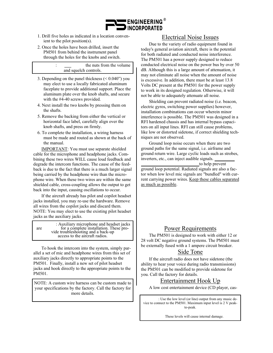 Electrical noise issues, Power requirements, Side tone | Entertainment hook up | PS Engineering PM501 User Manual | Page 3 / 6