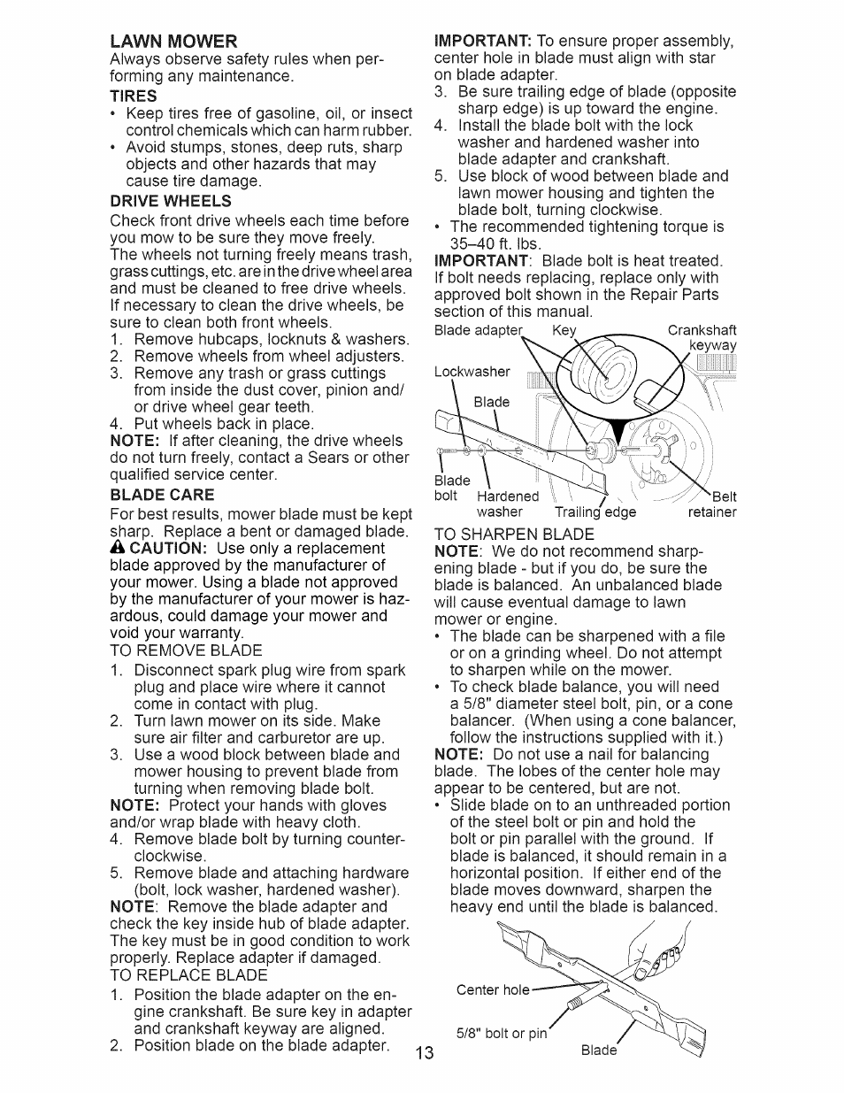 Blade care, Lawn mower | Craftsman 917.374150 User Manual | Page 13 / 48