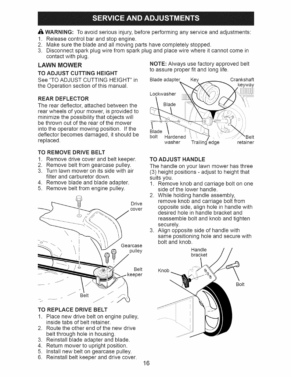 Service and adjustments, Lawn mower to adjust cutting height, Rear deflector | To remove drive belt, To replace drive belt, To adjust handle | Craftsman 917.374150 User Manual | Page 16 / 48