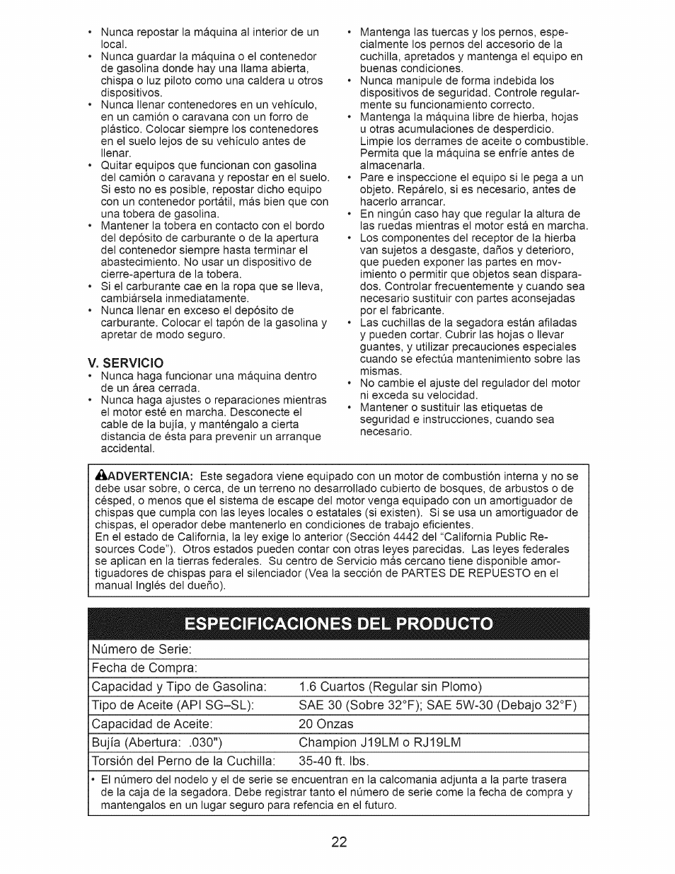 V. servicio, Especificaciones del producto, Número de serie: fecha de compra: capacidad | Craftsman 917.374150 User Manual | Page 22 / 48
