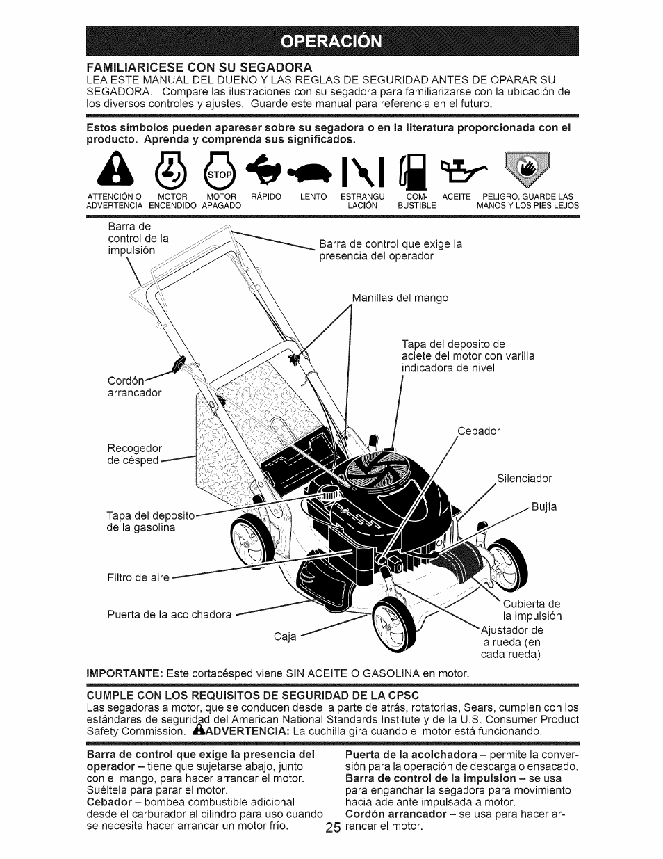 A ^ l\l íq, Operacion, Familiaricese con su segadora | Craftsman 917.374150 User Manual | Page 25 / 48