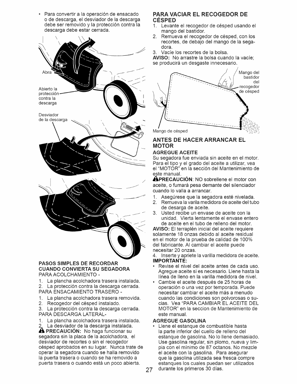 Para vaciar el recogedor de, Césped, Antes de hacer arrancar el motor | Para vaciar el recogedor de césped | Craftsman 917.374150 User Manual | Page 27 / 48