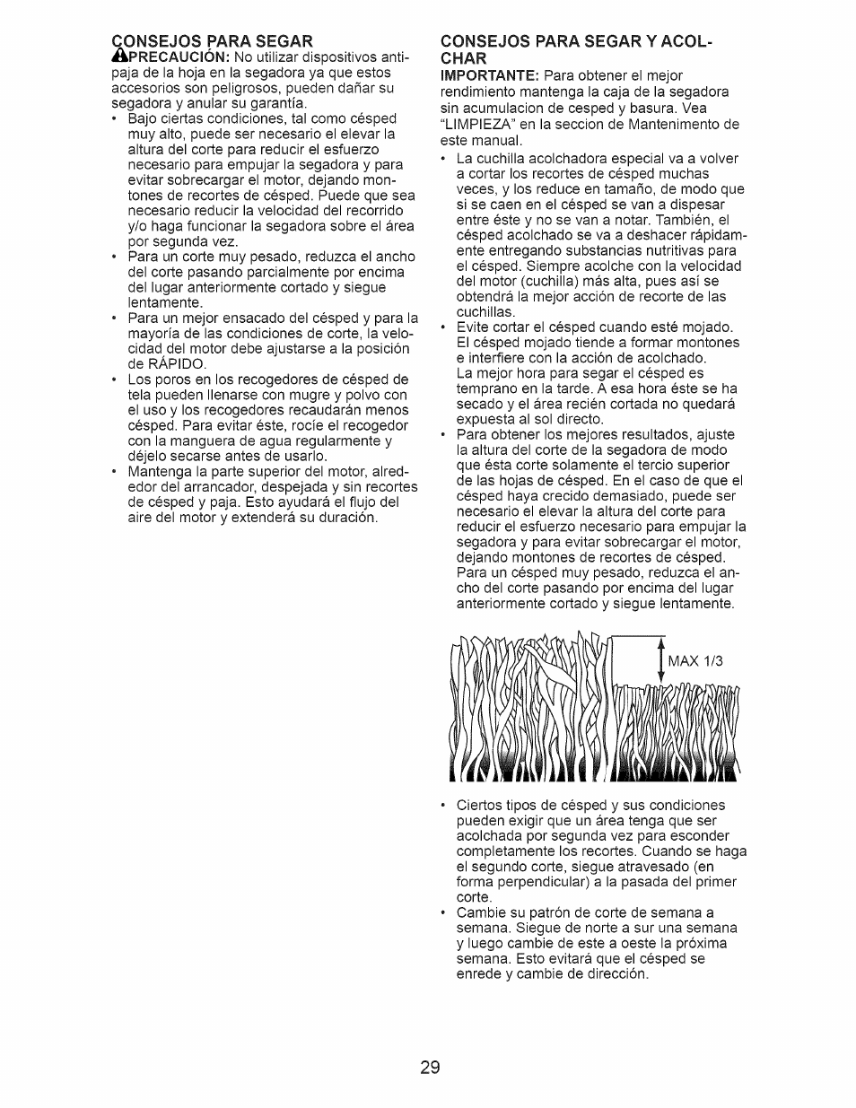 Consejos para segar y acolchar, Consejos para segar, Recaución | Consejos para segar y acol­ char importante | Craftsman 917.374150 User Manual | Page 29 / 48