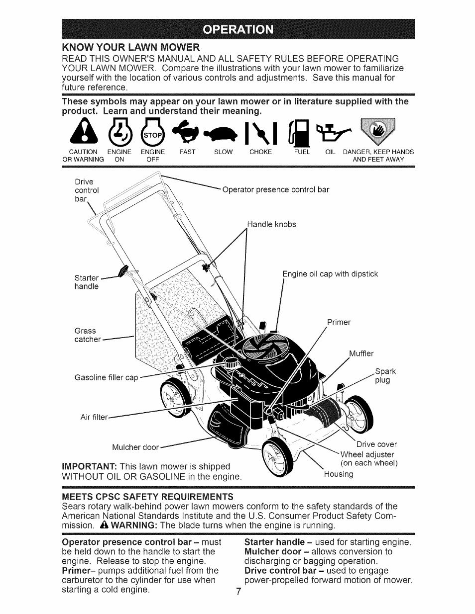 Meets cpsc safety requirements, Operation know your lawn mower | Craftsman 917.374150 User Manual | Page 7 / 48