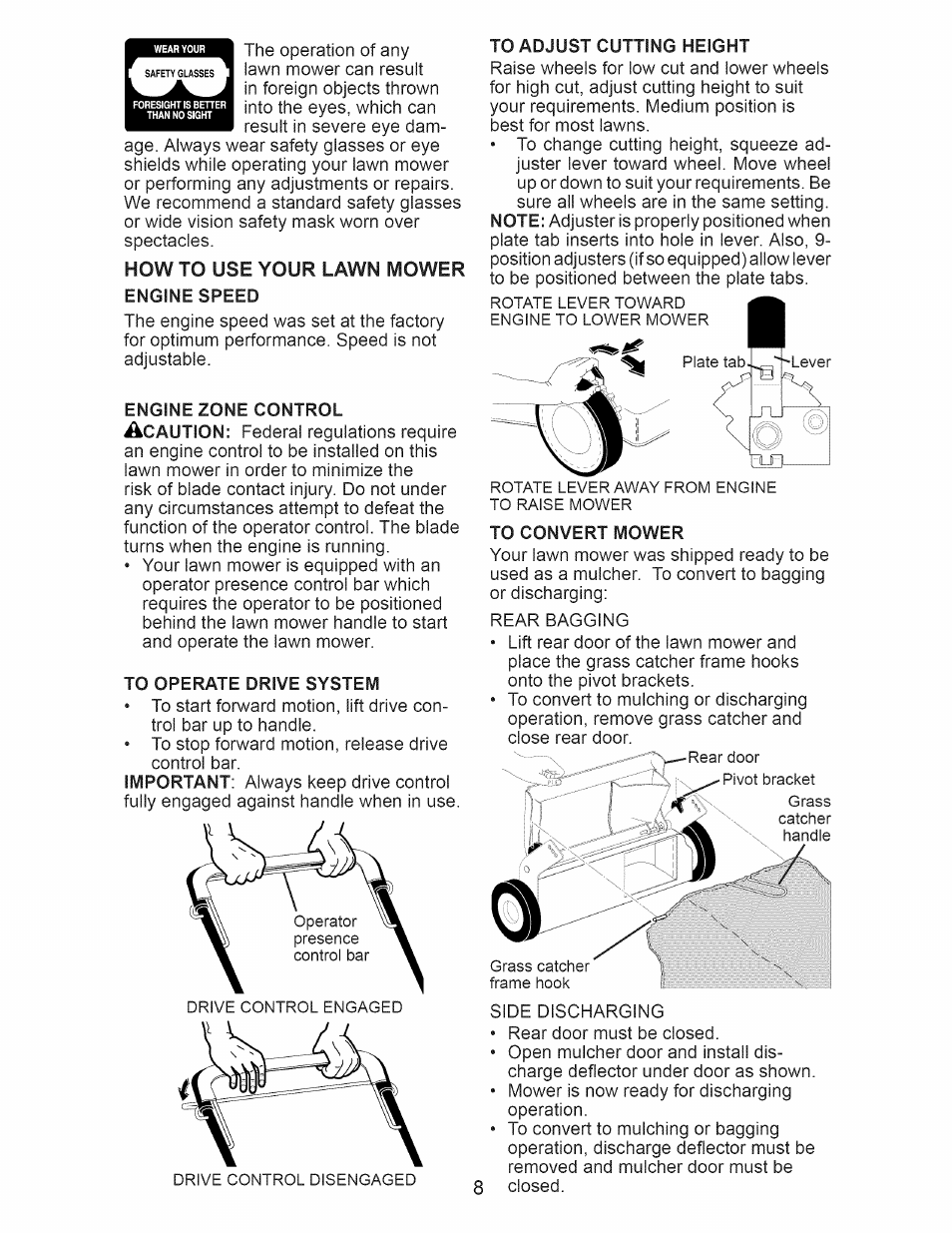 Engine speed, Engine zone control, To operate drive system | To adjust cutting height, To convert mower | Craftsman 917.374150 User Manual | Page 8 / 48