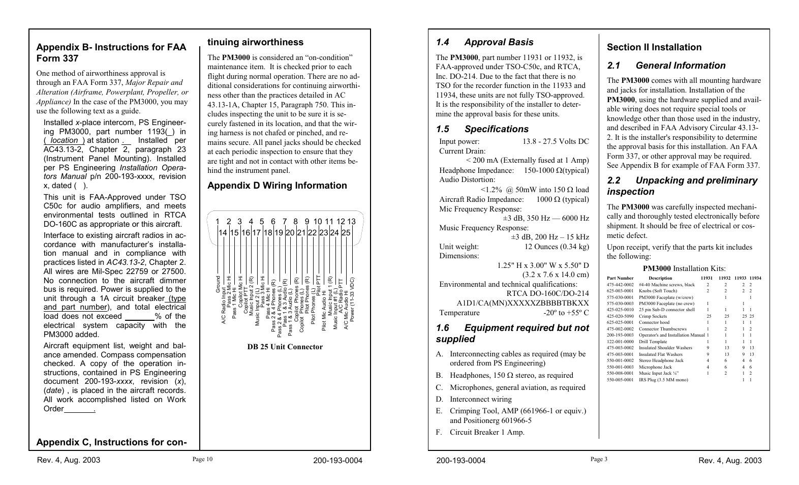 Appendix b- instructions for faa form 337, Appendix d wiring information, 4 approval basis | 5 specifications, 6 equipment required but not supplied, 2 unpacking and preliminary inspection | PS Engineering PM3000 User Manual | Page 3 / 6