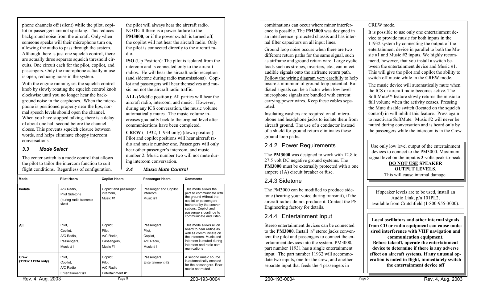 2 power requirements, 3 sidetone, 4 entertainment input | PS Engineering PM3000 User Manual | Page 5 / 6