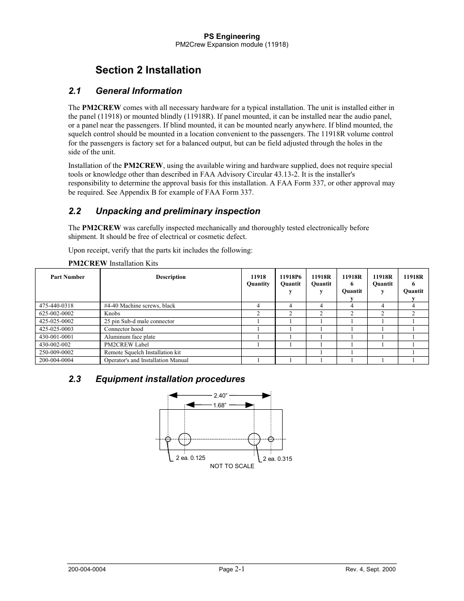 1 general information, 2 unpacking and preliminary inspection, 3 equipment installation procedures | PS Engineering PM2CREW User Manual | Page 4 / 11