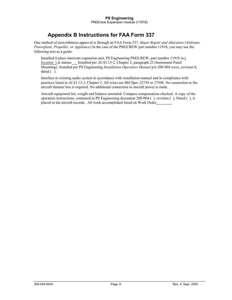 Appendix b instructions for faa form 337 | PS Engineering PM2CREW User Manual | Page 8 / 11