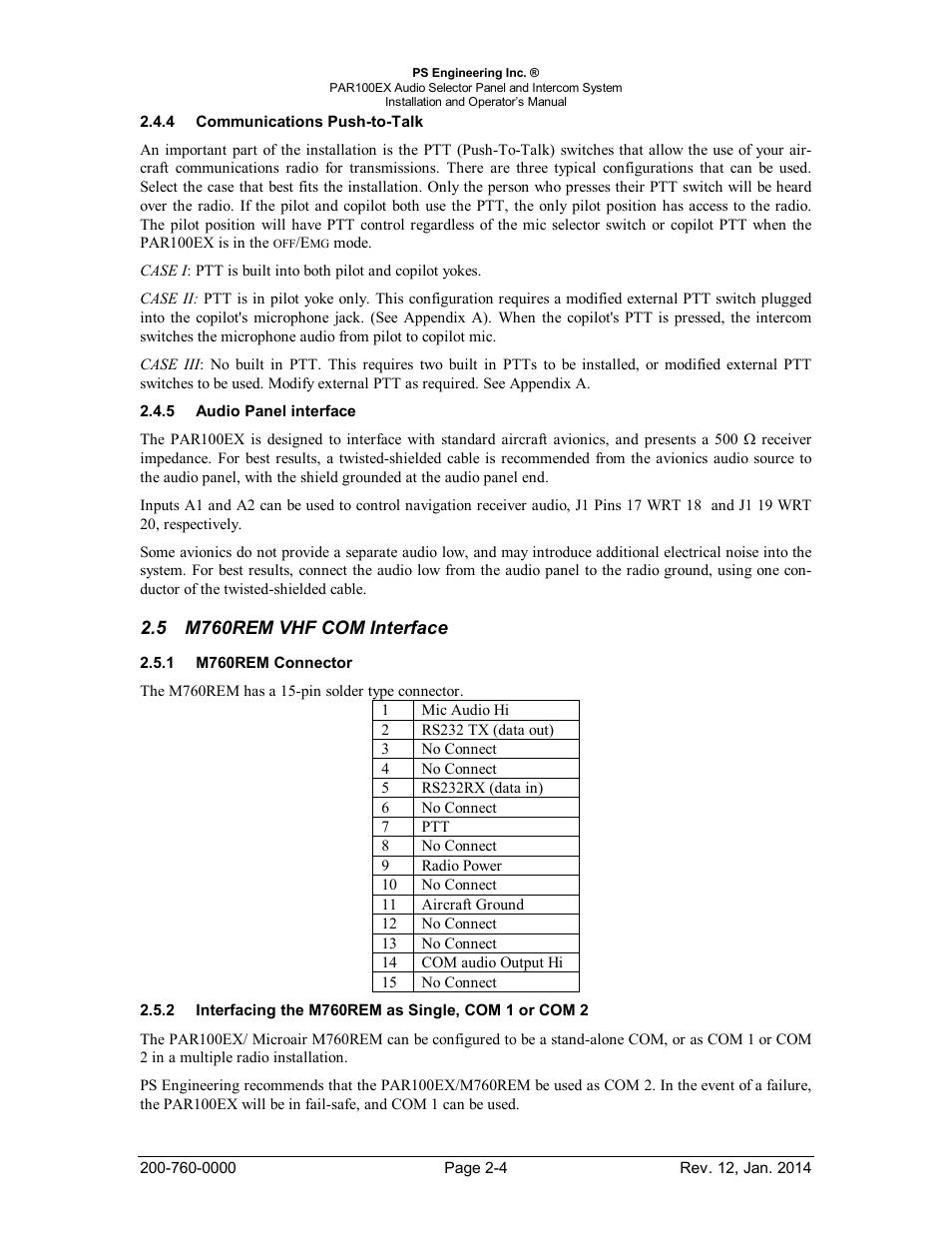 Communications push-to-talk, Audio panel interface, M760rem vhf com interface | M760rem connector, Interfacing the m760rem as single, com 1 or com 2, Ommunications, Udio, Anel interface, M760rem, Nterface | PS Engineering PDA360EX Installation Manual User Manual | Page 11 / 41