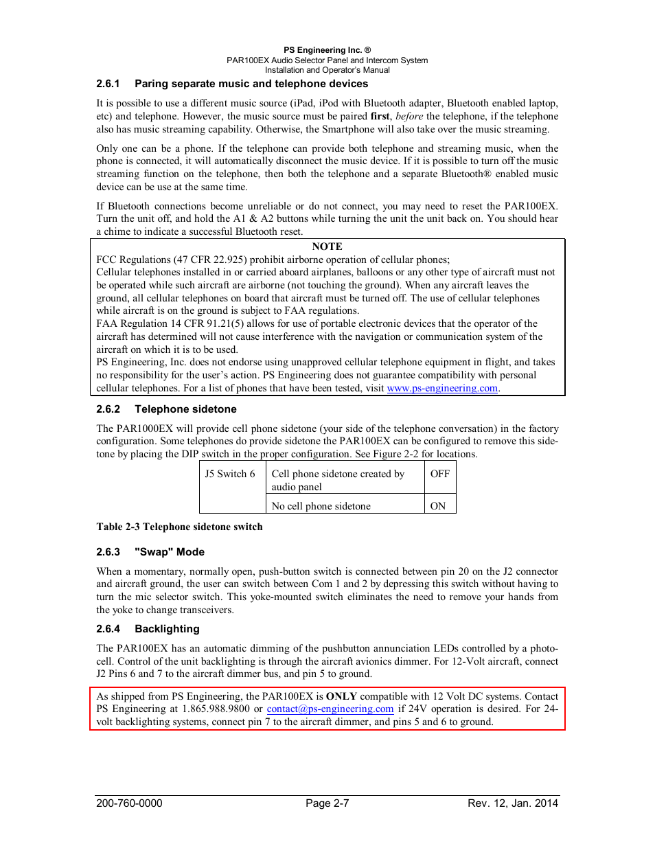 Paring separate music and telephone devices, Telephone sidetone, Swap" mode | Backlighting, Aring separate music and telephone devices, Elephone sidetone, Acklighting | PS Engineering PDA360EX Installation Manual User Manual | Page 14 / 41