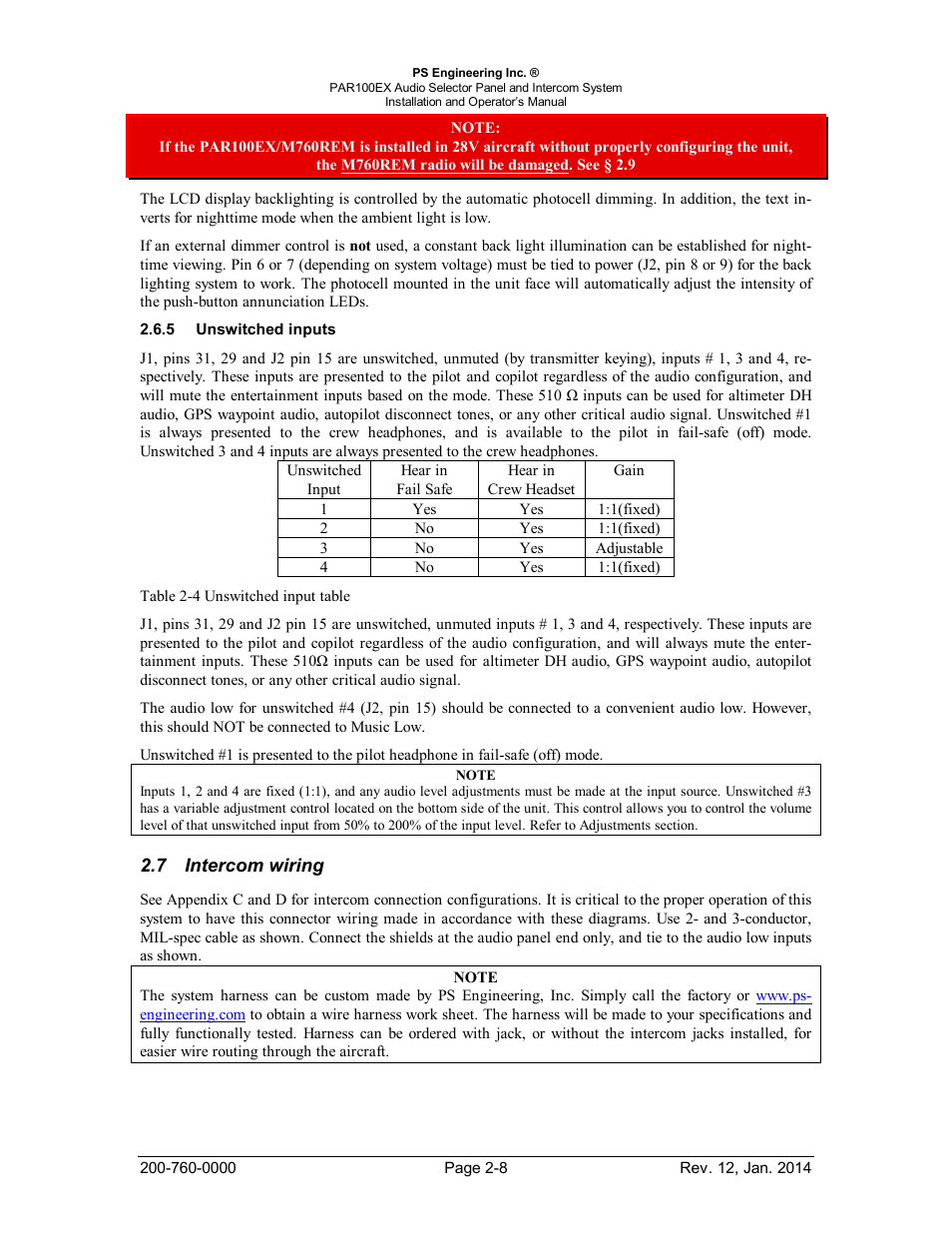 Unswitched inputs, Intercom wiring, Nswitched inputs | Ntercom wiring | PS Engineering PDA360EX Installation Manual User Manual | Page 15 / 41